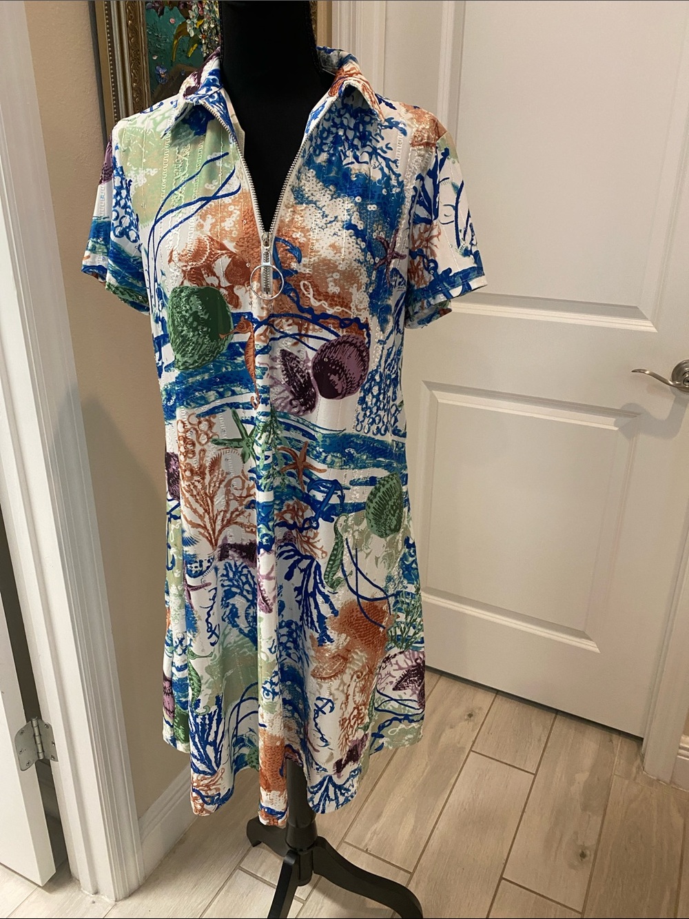 Sea Life Sparkle Print Polo Dress with Zip A line